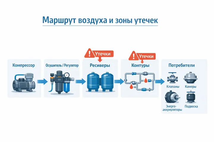 Утечка воздуха и “падает давление”: диагностика пневмосистемы