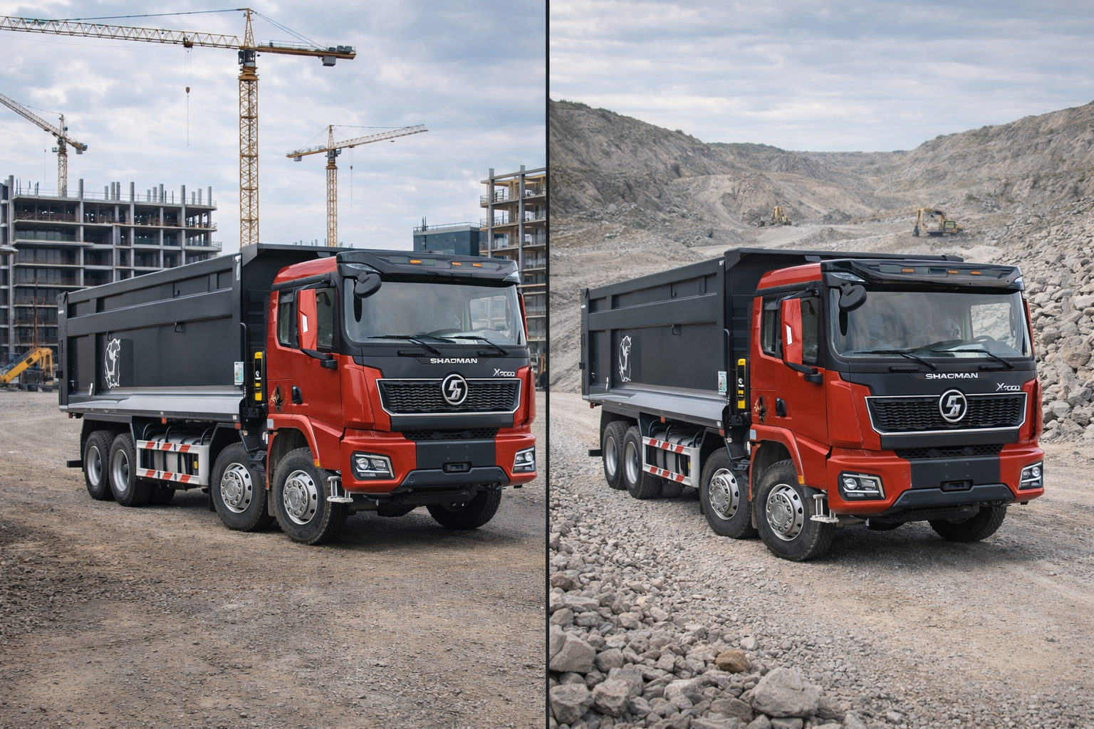 Самосвал SHACMAN X3000 8×4 в условиях стройплощадки и карьера